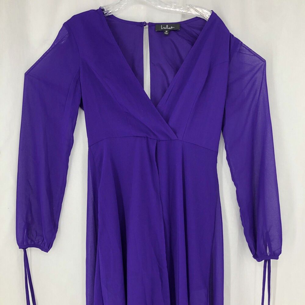 LULUS Purple Long Sleeve Tie Cuff V Neck Semi Sheer Romper Dress Medium NWT